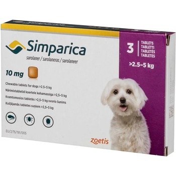 Zoetis Simparica 10 mg Симпарика дъвчащи таблетки за кучета от 2.5 до 5 kg, 3 бр