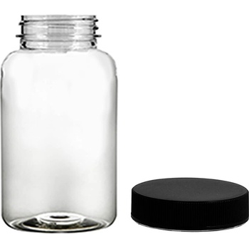 Pilulka Plastová lahvička, lékovka čirá s černým uzávěrem 150 ml
