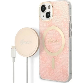 GUESS Комплект безжично зарядно устройство и кейс Guess GUBPP14MH4EACSP за iPhone 14 Plus 6.7"", розов / розов, твърд, съвместим с MagSafe, 4G Print (GUE002565-0)