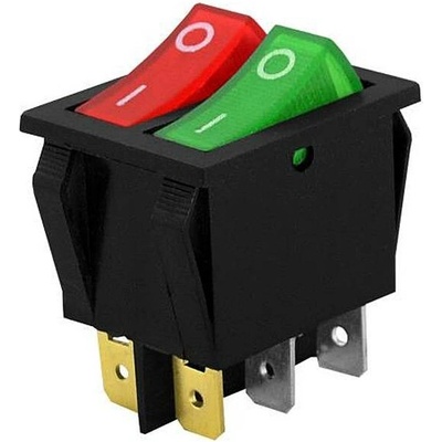 Vypínač kolébkový 250V/16A 2x0-I RD+GR dvojitý T120 červený/zelený (31x25mm)