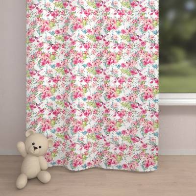 Biante Dětský bavlněný závěs Sandra SA-493 Kolibříci s růžovými květy na bílém 150x220 cm