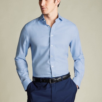 Charles Tyrwhitt Spread Collar Non-Iron Herringbone nežehlivá formální košile s otevřeným límcem klasické knoflíky extra slim fit sky blue