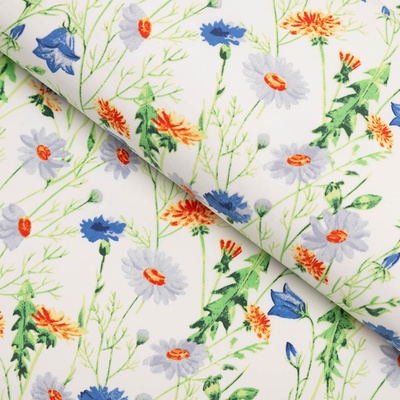 Bavlněná látka/plátno Sandra SA-601 Kopretiny a zvonky na bílém - šířka 160 cm