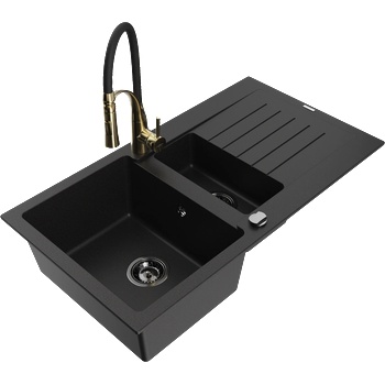 Mexen Matias гранитна мивка 1, 5-каморна с дренажна плоча и кухненски смесител Aster, черен - 6502-77-73450-57-B (6502-77-73450-57-B)