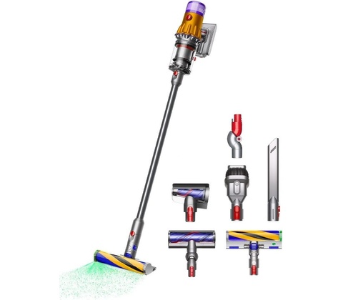 Dyson V12 Detect Slim Absolute 2023, stojící bezdrátový vysavač s hubicí.
