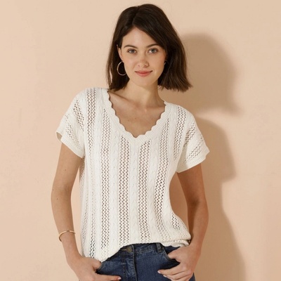 Halenka s výstřihem do V z ažurového úpletu režná – Zboží Mobilmania