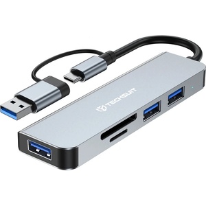 Techsuit - Докинг станция DataBridge 5 в 1 (H7) - USB, Type-C към USB 3.0, 2x USB 2.0, SD/TF карта - Сив (KF2350776)
