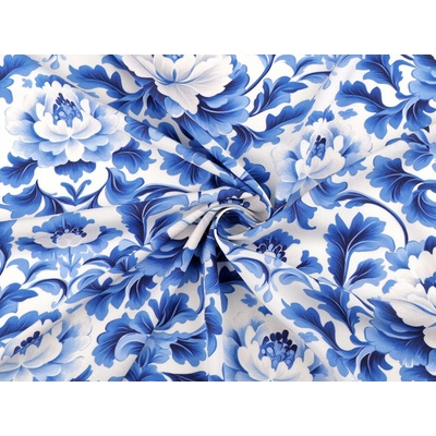 Prima-obchod Bavlněný popelín silk oděvní květy, barva 1 bílá modrá