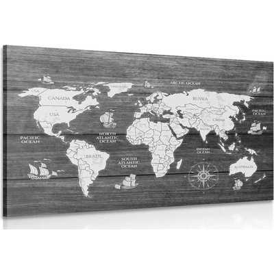 Obraz černobílá mapa na dřevě - 60x40