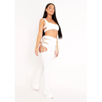 Missy Empire Панталони Missy Empire Cut Out Lace Up Flared Trousers - Cream