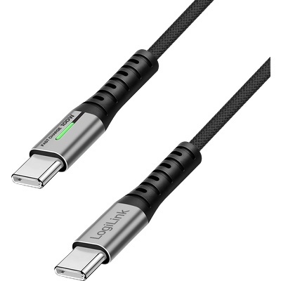 LogiLink USB 3.2 Gen2x2 Type-C кабел, C/M - C/M, 20Gbps, 100W, 4K, LED, метален, черен, 0, 5 м