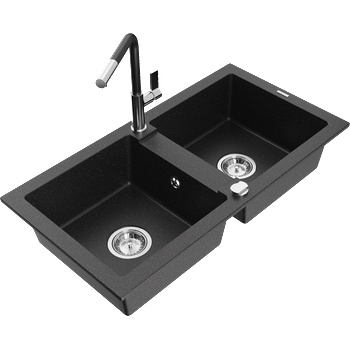 Mexen Mario Гранитна кухненска мивка с 2 камери и кухненски смесител Flora, черен/сребрист металик - 6504-73-670401-07 (6504-73-670401-07)