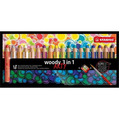 Stabilo Pastelky STABILO woody 3 v 1 ARTY- barvička vodovka voskovka- 18 ks + ořezávátko+štětec 451918 – Zboží Dáma