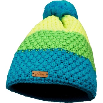 Bontis Detská trojfarebná pletená zimná čiapka s brmbolcom Tyrkysová / zelená / žltá