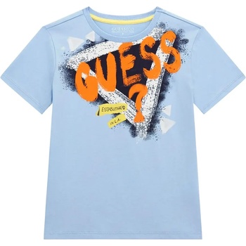 GUESS Светло синя тениска за момче с голямо контрастно лого и оранжев надпис Guess