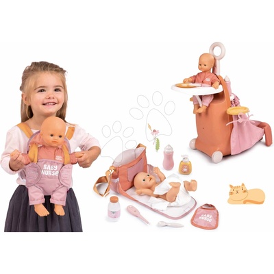 Smoby Set v dupačkách na návšteve v klokanke Doll Baby Nurse a prebaľovací kufrík s postieľkou a taška s plienkou a fľaškou