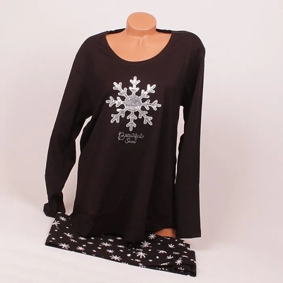 Макси памучна пижама в черен цвят с голяма сребриста снежинка