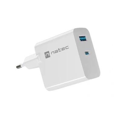 Адаптер Natec USB Charger, Ribera Gan, 1X USB-A + 1X USB-C, 65W, бял (NUC-2144)