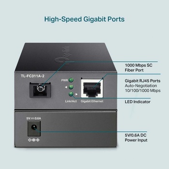 TP-Link Медиа конвертор TP-Link TL-FC311A-2, 10/100M/1000Mbps WDM Media Converter, 1x 10/100/1000 Mbps RJ45 Port (Auto MDI/MDIX), 1x Gigabit SC Fiber Port (TL-FC311A-2)