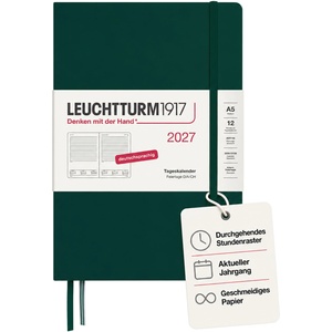 Leuchtturm1917 Daily Calendar 2027 Medium (A5) - German, Forest Green, 145 x 210 mm, January-December (12 months), 1 page per day, hourly grid 7: 00 a. m. - 10: 00 p. m. , hardcover, 80 g/m2 paper - 400162 (400162)