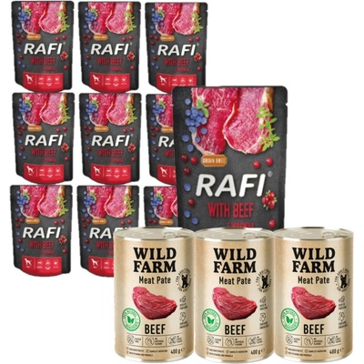 Rafi s hovězím masem 10 x 300 g a Wild Farm Pate Beef 3 x 400 g