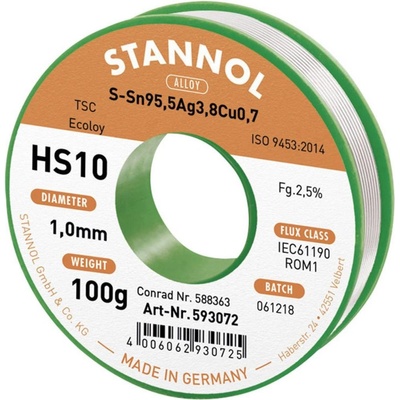 Stannol HS10 2510 spájkovací cín bez olova cievka Sn95,5Ag3,8Cu0,7 ROM1 100 g 1 mm