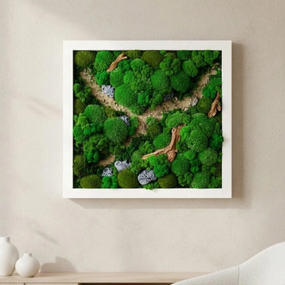 Živý machový obraz s drevom a prírodným kameňom - 60 × 60 cm