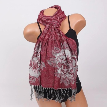 Image 1 of Дамски шал в червено с големи цветя и ресни