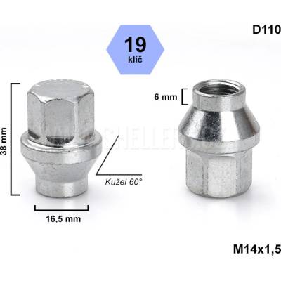 Kolová matice M14x1,5 kužel s krčkem 16,5 mm zavřená, klíč 19, D110F, výška 34 mm, délka krčku 6 mm