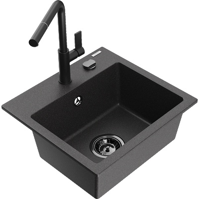 Mexen Milo мивка от гранит с 1 отделение и кухненски смесител Flora, черно на пръски - 6505-76-670401-70-B (6505-76-670401-70-B)