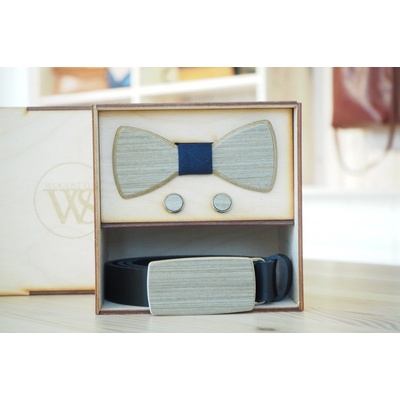 Wood Style Set Kulatý Šedé hedvábí opasek motýlek a manžetové knoflíčky Modrotisk