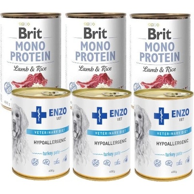 Brit Mono Protein Lamb & Brown Rice 3 x 400 g & Enzo Vet hypoalergénne krmivo s morkou 3 x 400 g