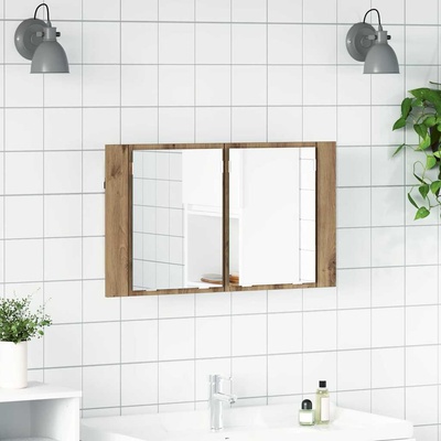 vidaXL Шкаф с огледало за баня Дъб 80 x 12 x 45 см Инженерно дърво (886227)