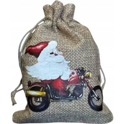 Vianočné jutové vrecúško 13x18 cm - Mikuláš na motorke