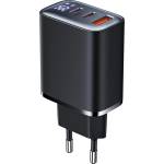 Xmart Бързо зарядно устройство с 2 x USB-C и 1 x USB-A изходи и Дигитален дисплей Xmart, 30W, Черно, 25040 (25040)