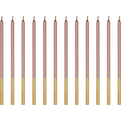 PartyDeco Dortové svíčky růžově zlaté dlouhé se zlatým koncem, 12 ks