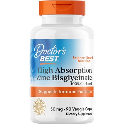 Doctor's Best Zinc Chelated, Zinok bisglycinát, 50 mg, 90 rastlinných kapsúl