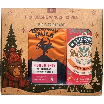 Grumpy Mule Vianočný balíček High & Mighty Arabica 200 g a BIO vianočný čaj s koreninami zrnková 20 ks