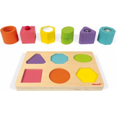 Janod vkladacie puzzle Tvary a zvuky I Wood s rôznymi hernými prvkami