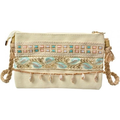 Letní boho kabelka s mušličkami béžovo-modrá Dienke 30x18 cm