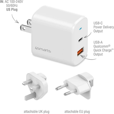 4smarts Travel Charger Set VoltPlug QC/PD 18W - захранване за ел. мрежа с USB-A изход и USB-C изход с адаптори за USA и UK стандарт (18W) (бял)