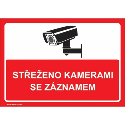 Walteco Střeženo kamerami se záznamem (červená), 297x210mm, formát A4, plastová tabulka , 20040