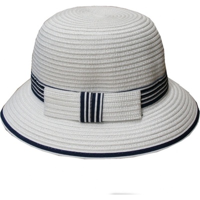 Krumlovanka letní dámský klobouk Cloche s modro bílou stuhou Fa-43482 bílý