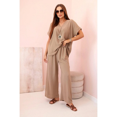 Fashionweek italská souprava halenka a kalhoty s náhrdelníkem K6433 cappucino – Zboží Dáma