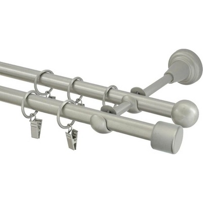 OK-GarnýžeCZ Garnýž kovová dvouřadá 16mm Pullo stříbrná mat 210 cm do stěny / kroužky s žabkou
