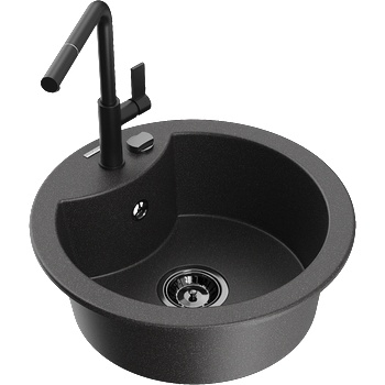 Mexen Diego мивка гранитна, 1-камерна с кухненски смесител Flora, черен напетнен - 6512-76-670401-70-B (6512-76-670401-70-B)