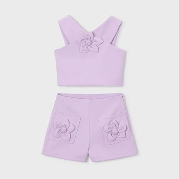 Mayoral Комплект бермуди креп и потник с цветя в лилав цвят за мини момиче Mayoral