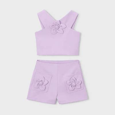 Mayoral Комплект бермуди креп и потник с цветя в лилав цвят за мини момиче Mayoral