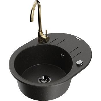 Mexen Kevin гранитна мивка с 1 отделение с отцедник и кухненски смесител Telma, черно/златен металик - 6517-75-670200-50-B (6517-75-670200-50-B)