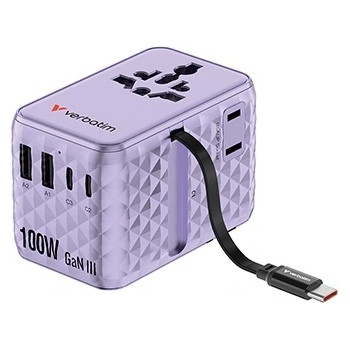 Verbatim 30193, Универсален адаптер за пътуване Charge , n, Travel 2x USB-C, 2X USB-A + 1x интегриран кабел USB-C, лилав 100 W (30193)